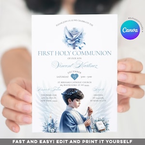 Elegant Primera comunión Cute Boy Bible First Invitation, Blue Floral 1st Holy Communion Invite, Silver Cross Christening Communion, CR1