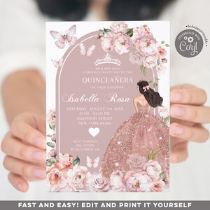 May include: A pink and white floral Quinceañera invitation with a gold glitter dress and a crown. The invitation includes the text "MR & MRS ROSA CORDIALLY INVITE YOU TO THE QUINCEAÑERA OF THEIR DAUGHTER Isabella Rosa SATURDAY, AUGUST 7th 20XX 03:00-05:00 PM OAKWOOD STREET NEW YORK 88484 RSVP TOMARIA 003-293999 BY DECEMBER 5th"