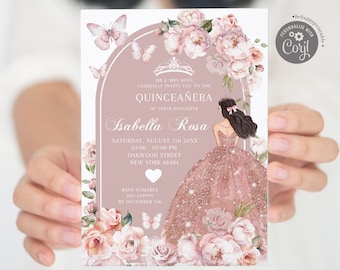 Editable dusty rose mexican girl sweet 16th invitation, elegant boho pink princess quinceañera, pink roses butterfly mis 15 años invite Q31