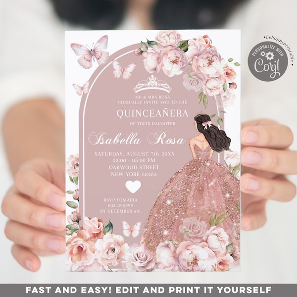 Editable dusty rose mexican girl sweet 16th invitation, elegant boho pink princess quinceañera, pink roses butterfly mis 15 años invite Q31