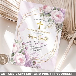 Editable purple gold geometric holy communion invitation, lavender flowers girl christening, lilac floral garden 1st communion invite S489