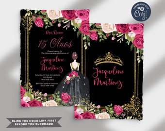 EDITABLE Quinceanera, 15th Girl birthday invitation, Pink Flowers & Black Background, Mexican theme, Printable Mis Quince Anos invite, s271