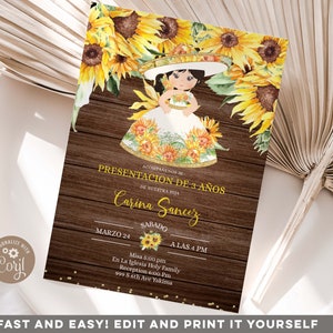 Editable Presentación de tres años invitación niña, Girl Charro 3rd Birthday in Spanish invite, Sunflowers Mexican Rustic Wood invite, Z84