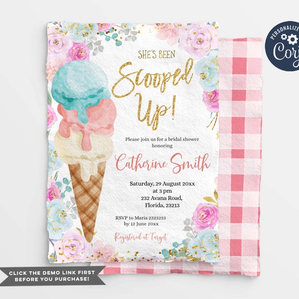 Editable Pastel Ice Cream Bridal Shower Invitation, Pastel Flowers Bridal Shower, She's been Scooped Up Invite, Ice Cream party Invite, S341