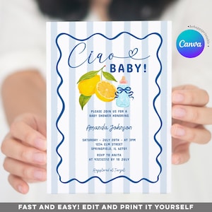 EDITABLE Ciao Baby Invitation, Blue Bow Ciao Bambino Lemon Citrus Baby Bottle invite, Italian Mediterranean Baby Sprinkle Stripe invite, ZB2