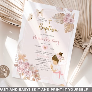 Convite de batismo floral rosa boho editável para menina, convite de batismo Holy Bautizo com cruz dourada para menina rezando o primeiro convite, S433