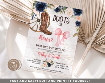 Editable Country Boots or Bows Gender Reveal Invitation, Navy blue and pink floral baby shower gender reveal, western boots pink bowtie Z147