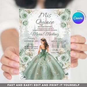Editable Sage Green Dress Mexican Princess Quinceañera Floral Invite, Girl 15 Años Mis Quince butterfly 16th birthday Gold Crown Invite S488