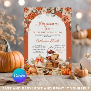 EDITABLE Afternoon Tea party Bow Orange Pumpkin autumn Bridal Shower invitation, Fall Autumn Floral Time for Tea with the bride to be, ZL13