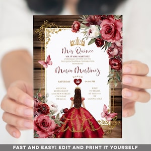 Elegant Burgundy  Princess Dress Quinceañera invitation, Wood Burgundy Flowers 16th Birthday Mis Quince, Gold Crown 15 Anos invite, S526