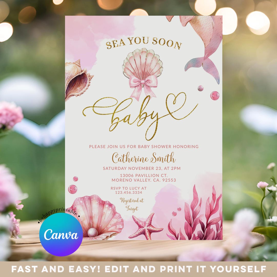Editable Sea You Soon Baby Shower Invitation, Cute Pink Under the Sea ...