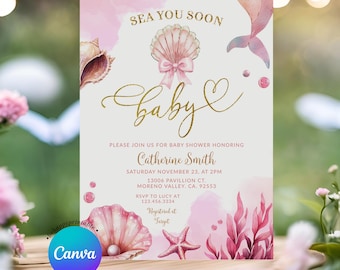 Editable Sea You Soon Baby Shower Invitation, Cute Pink Under the Sea Seashell Theme, Elegant Coastal Beach Party Template for Girl invite