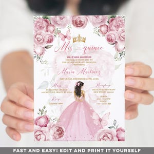 May include: Pink floral Quinceañera invitation with a gold crown and butterflies. The invitation includes the text "Mis Quince" and the name "Maria Martinez". It also includes details for the Mass and Reception.