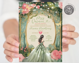 May include: A Quinceañera invitation with a green and gold border. The invitation features a watercolor illustration of a girl in a green gown standing in a forest with pink flowers and butterflies. The text on the invitation reads "Mis Quince" and "Maria Martinez".