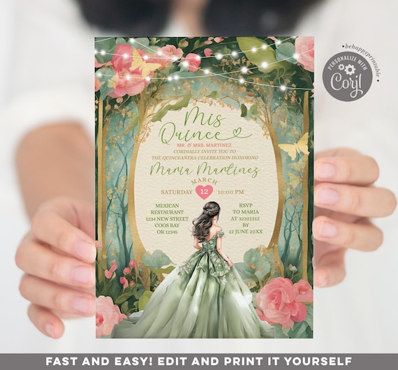 Editable Fuschia Sage Green Princess Quinceañera Invite, Magical Enchanted forest mis XV, 15 años Fairytale forest garden invitation S541
