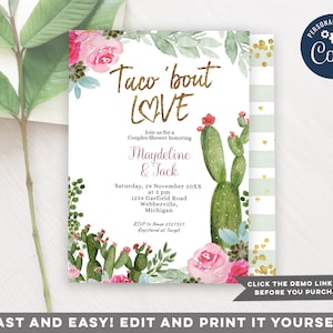 Taco Bout Love Couples Shower Invitation Editable Text with Corj #04 Cactus Fiesta Invite Instant Download