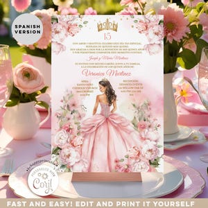 Editable Spanish Pink Mexican Mis Quince 15 Anos Invitation, Pink Quiñceanera Gold Crown Sweet 16th party Butterfly Floral invite, S488
