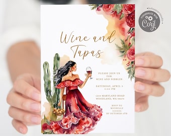 EDITABLE Wine and Tapas Flamenco Spanish Style Dinner Party Invitation, Girl Dress Mexican Adult Cocktail Party Cactus Red Roses Floral S563