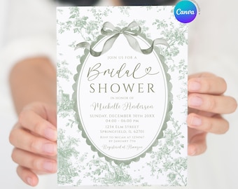 Invitación de despedida de soltera de Toile floral de Chinoiserie verde salvia, ducha de parejas EDITABLE verde pastel coqueta francesa Toile de Jouy, S600