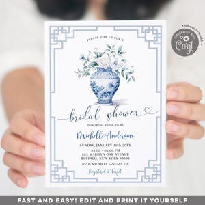 Faire-part de douche nuptiale modifiable dans un pot de gingembre grand-millénaire, mariée française de chinoiseries de toile, invitation nuptiale florale blanche de porcelaine bleue Z171