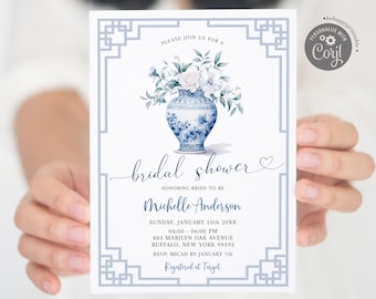 Editable grandmillenial ginger jar bridal shower invitation, french toile chinoiserie bridal, blue porcelain white floral bridal invite Z171