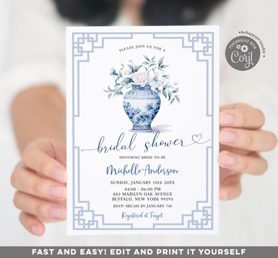 Editable grandmillenial ginger jar bridal shower invitation, french toile chinoiserie bridal, blue porcelain white floral bridal invite Z171