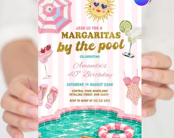 Editable Pink Stripe margaritas by the pool party girl adult Birthday Invitation, Summer Swim Party Invite, Any Age Birthday Pool Party Z101