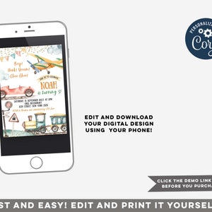 May include: Editable digital invitation for a boy's 5th birthday party. The invitation features a watercolor illustration of a red car, a blue airplane, and a train with gold confetti. The text on the invitation reads "Beep! Honk! Vroom! Choo Choo! Join us to celebrate Noah is turning 5!"