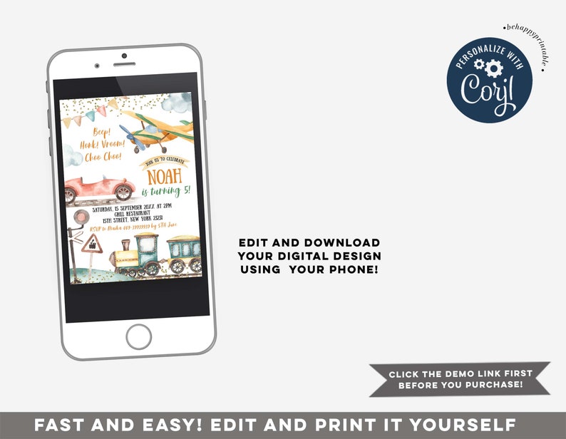 May include: Editable digital invitation for a boy's 5th birthday party. The invitation features a watercolor illustration of a red car, a blue airplane, and a train with gold confetti. The text on the invitation reads "Beep! Honk! Vroom! Choo Choo! Join us to celebrate Noah is turning 5!"