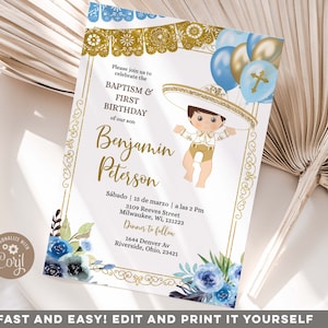 Mexican Blue and Gold Charro Baptism and Birthday Invitation, editable fiesta mexican balloon boy baptism, elegant mexican boy birthday Z79