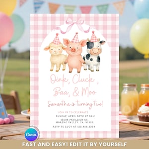 Convite editável para festa de aniversário de 2 anos com animais de fazenda rosa, estampa xadrez e a frase "Oinc, Coc, Bé e Mu", convite fofo e vintage para festa infantil com tema de fazenda, GC2