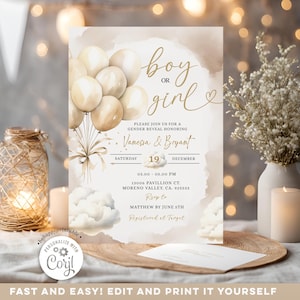 Invitación editable con globo beige para revelar el género, globo de nube bohemio minimalista para bebé, género neutro, niño o niña, acuarela boho RV032