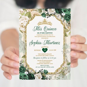 Elegante smaragdgrüne Quinceaño-Einladung, bearbeitbares mexikanisches grünes Blumen-16