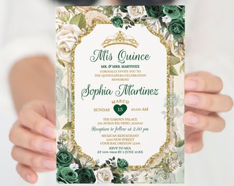 Elegant Emerald Green Quinceañera invitation, Editable Mexican Green Floral 16th Birthday Girl, Gold Butterfly 15 Mis quince invite, S444