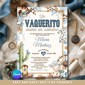 May include: A baby shower invitation card featuring a western theme with a cowboy hat, cactus, wagon wheel, and a calf wearing a hat. The text reads Un Vaquerito viene en camino, Maria Martinez, and includes event details in blue and brown ink.