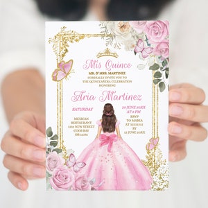 Editable Pink Mexican Mis Quince 15 Anos Invitation, Blush Pink Pastel Quiñceanera Gold Crown Sweet 16th party Butterfly Floral invite, S465