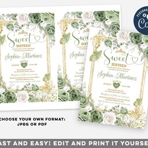May include: A printable invitation for a Sweet Sixteen birthday party. The invitation features a gold frame with green and white floral designs, a crown, and a heart. The text reads "Sweet Sixteen" and includes the birthday girl's name, date, time, and location.