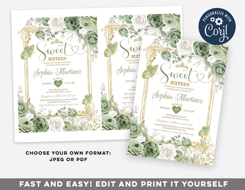 May include: A printable invitation for a Sweet Sixteen birthday party. The invitation features a gold frame with green and white floral designs, a crown, and a heart. The text reads "Sweet Sixteen" and includes the birthday girl's name, date, time, and location.