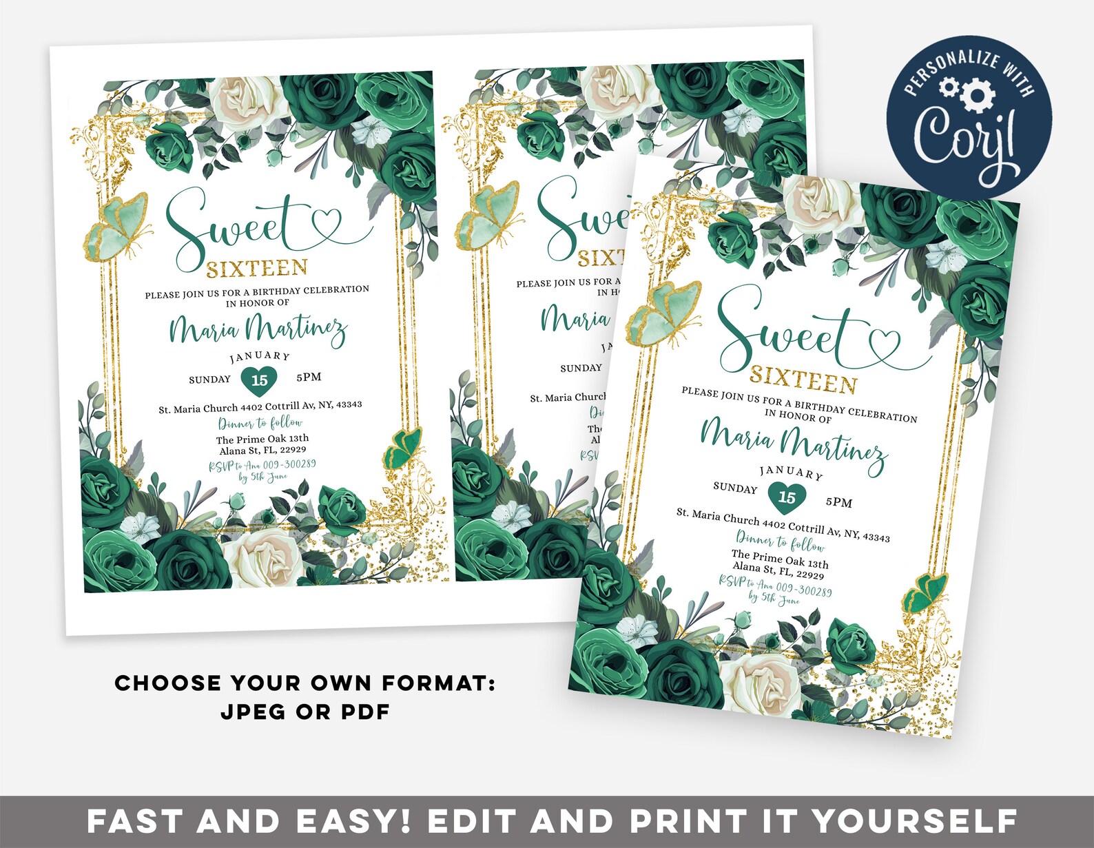 Editable Sweet 16 Emerald Green Birthday Invitation, Emerald Green