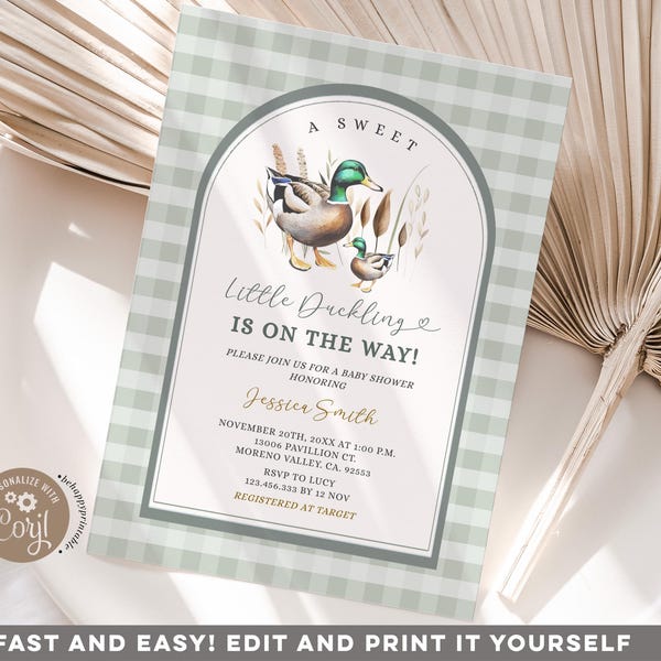 Editable Pastel Green Gingham Duck Baby Shower Invitation, a Sweet Little Duckling on the way, mallard duck baby shower preppy invite S559