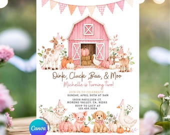 EDITABLE Pink Fall Autumn Oink, Cluck, Baa, and Moo farm animal birthday Gingham invitation, Cute Vintage Kid's Barnyard Birthday invite GC2