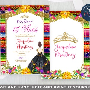 Editable Colorful Mexican Quinceanera Invitation, 15th Girl birthday invitation, Pink & Red Roses, Gold Crown, Mis Quince Anos invite, s258