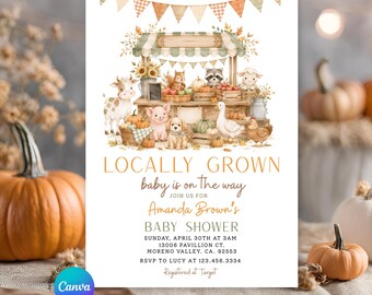 Editable Farm Animal Locally Grown Pumpkin Market Baby Shower Gingham invitation, Fall Farmers Market Baby Shower invite, Home Grown, GC2