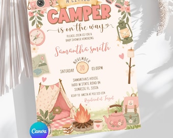 Editable Boho Pink Little Explorer is on the way Girl Baby Shower Invitation, Cute Girl Camping Baby Shower, Blue Glamping Woodland, ZLC08