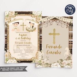 Convite editável para menino e menina gêmeos, convite branco e marrom para 1º aniversário e batismo, Charro espanhol Bautizo, tema mexicano para batizado, S238