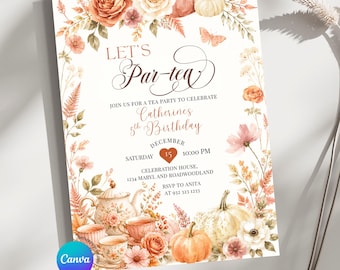 Editable Boho Floral Autumn Let's Tea Party Birthday Girl Invitation, Elegant Vintage Tea pot Terracotta Fall in love pumpkin invite, ZLC10