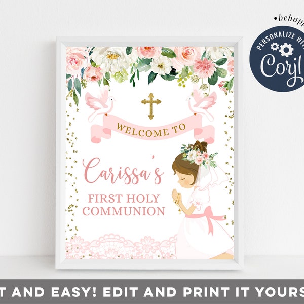EDITABLE Little Girl Praying First Holy Communion Welcome Sign, Pink Flowers 1st Holy Communion Sign, Christening Primera Comunion, Z90