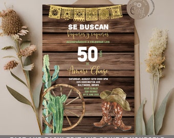 Elegant Gold Spanish Western Cowboy Birthday Rustic Wood Invitation, Editable Texas cactus & southwestern adult Mexican Birthday invite S518