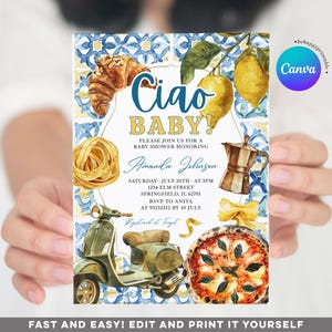 EDITABLE Ciao Baby Invitation, Scooter Ciao Bambino Lemon Citrus Baby Bottle invite, Italian Mediterranean Baby Sprinkle Stripe invite, ZB2