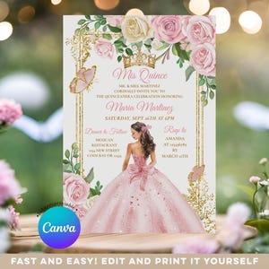 Editable Soft Blush Pink Mexican Mis Quince 15 Anos Invitation, Pink Quiñceanera Gold Crown Sweet 16th party Butterfly Floral invite, S385